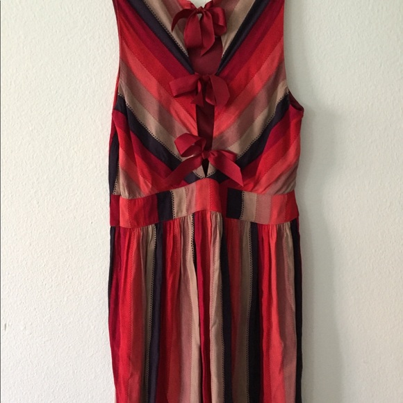 Red Striped Knee Length Dress with Ribbon Ties - Picture 2 of 3